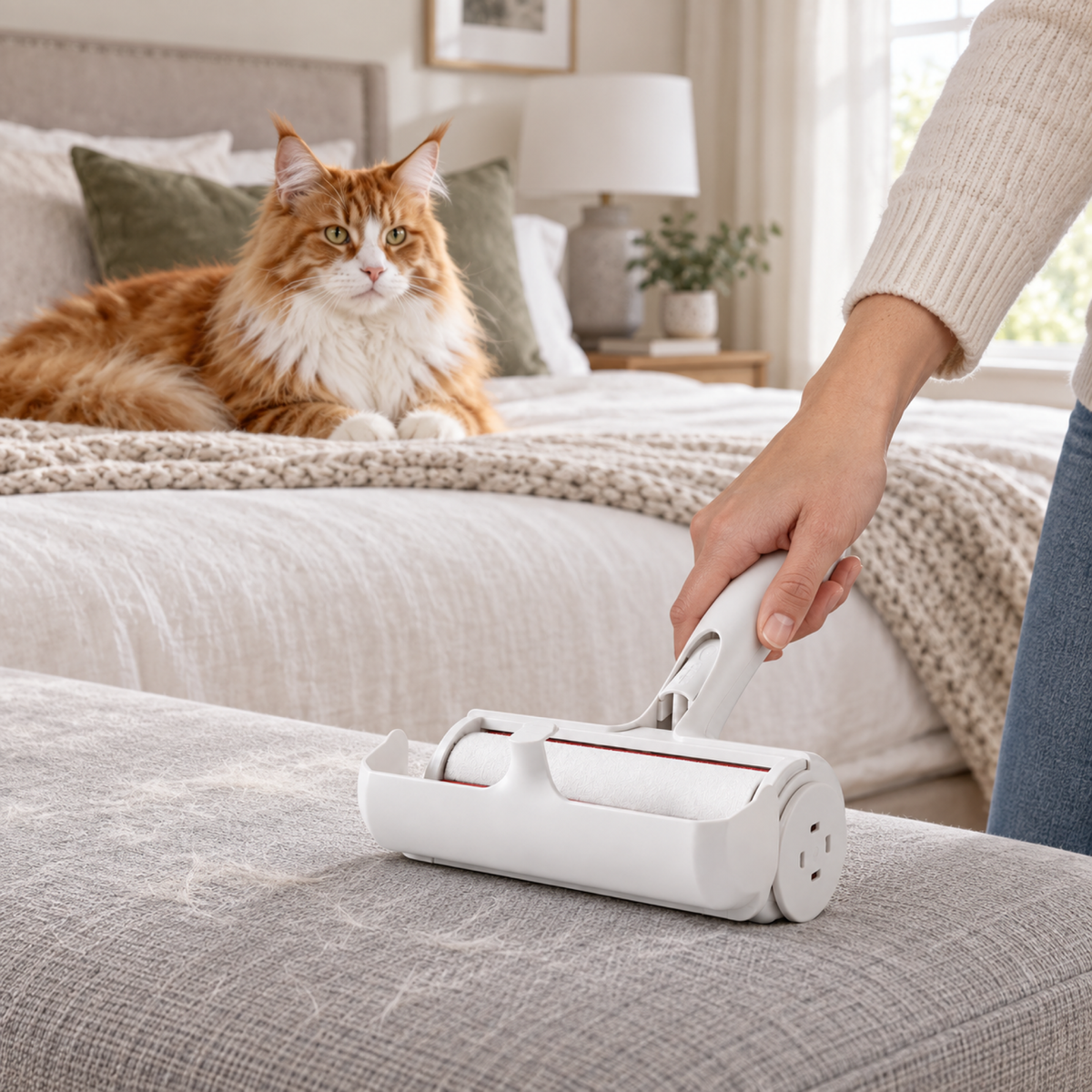 Pet hair roller used on a fabric bench beside an orange and white Maine Coon