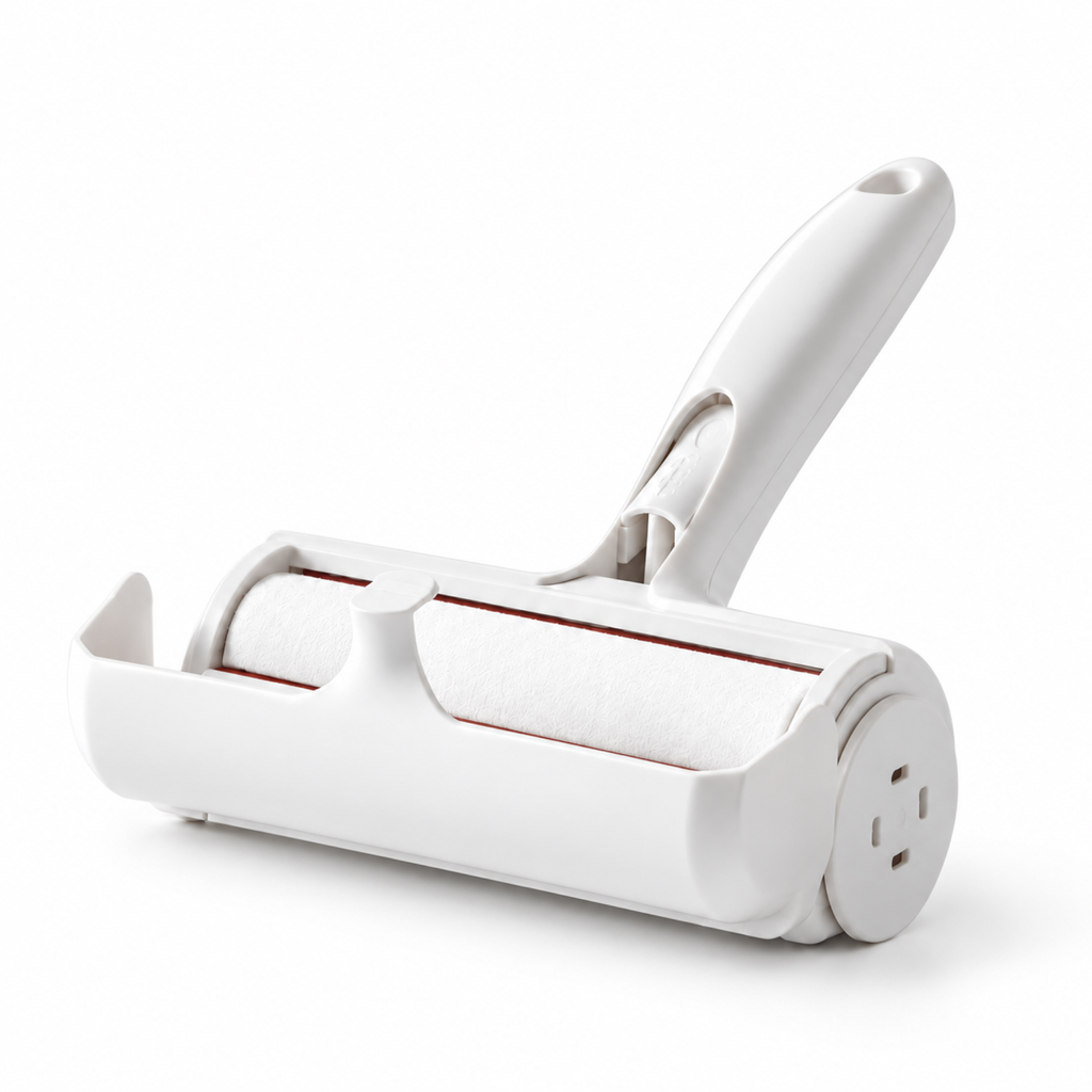 White pet hair roller showing the roller surface and curved handle