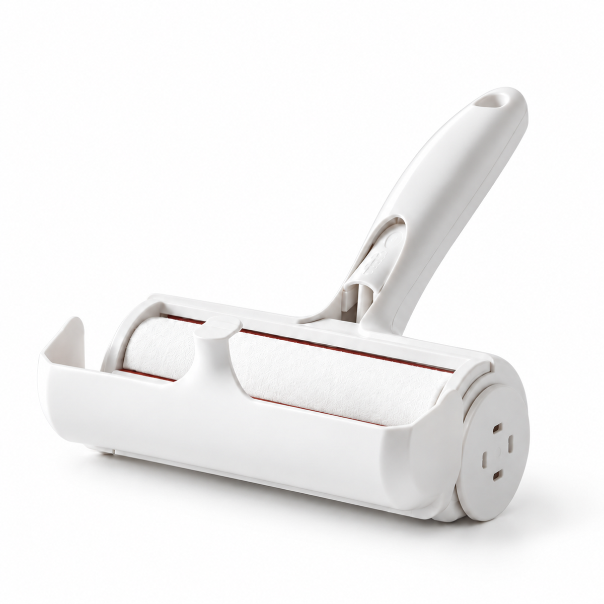 White pet hair roller showing the roller surface and curved handle