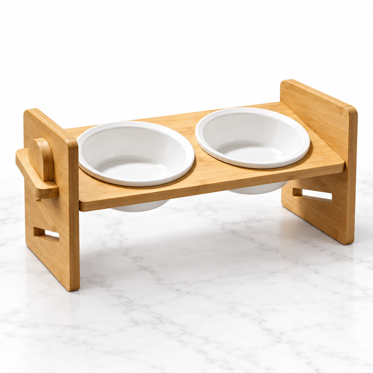 Kitty Buffet bamboo stand with two white ceramic bowls on white marble