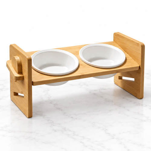 Kitty Buffet — Elevated Bamboo Cat Bowl Stand with Ceramic Bowls