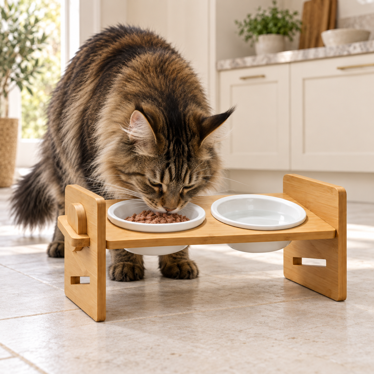 Illustrative Maine Coon eating from the Kitty Buffet ceramic bowl