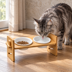 Illustrative silver Maine Coon drinking from the Kitty Buffet feeder