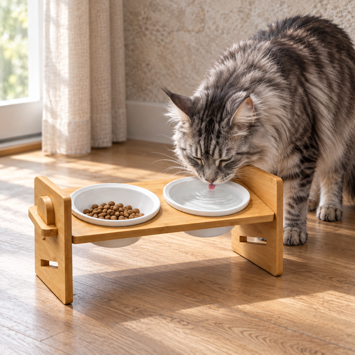 Illustrative silver Maine Coon drinking from the Kitty Buffet feeder
