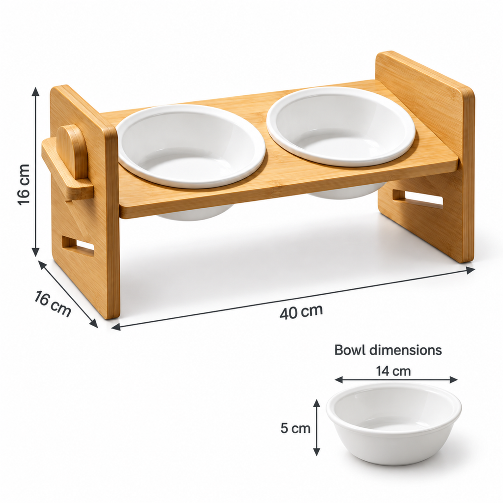 Kitty Buffet dimensions: stand40 by16 by16cm; each bowl14cm diameter and5cm high