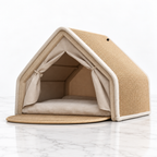 Beige XL cat tent with tied-back curtains on white marble