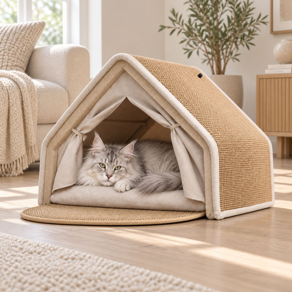 Silver and white Maine Coon resting inside beige XL cat tent