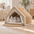Silver and white Maine Coon resting inside beige XL cat tent