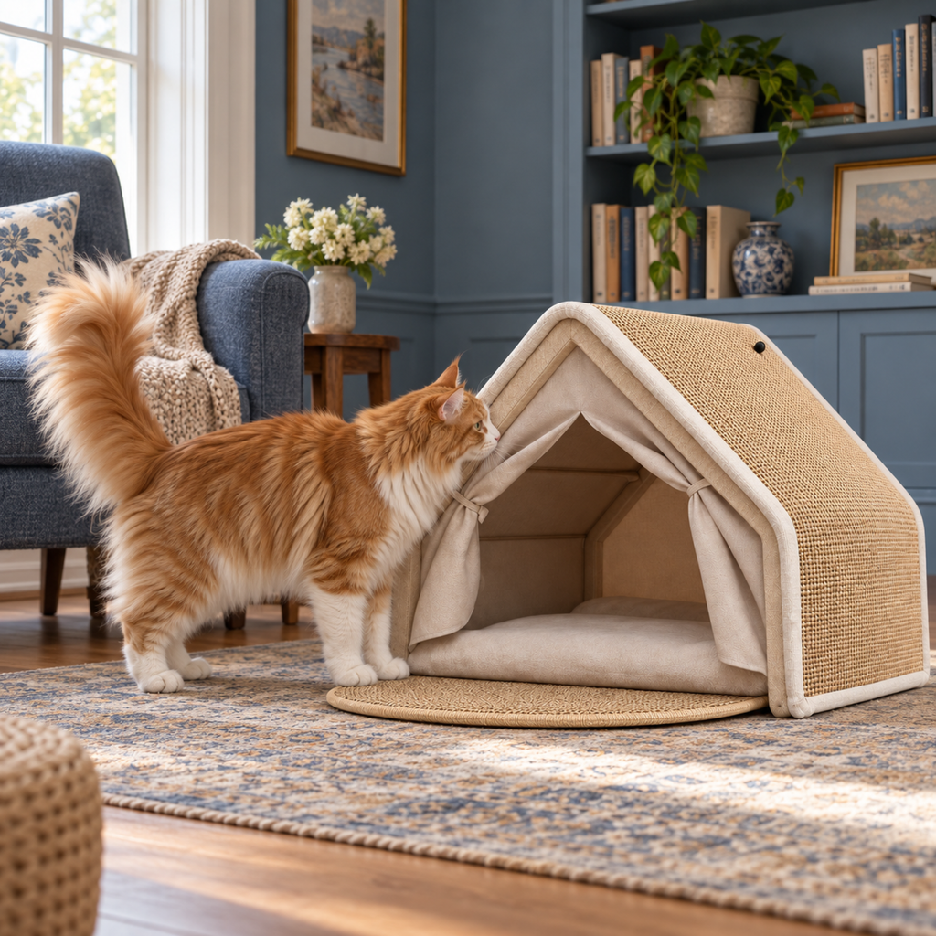 Orange and white Maine Coon exploring beige cat tent in blue reading room