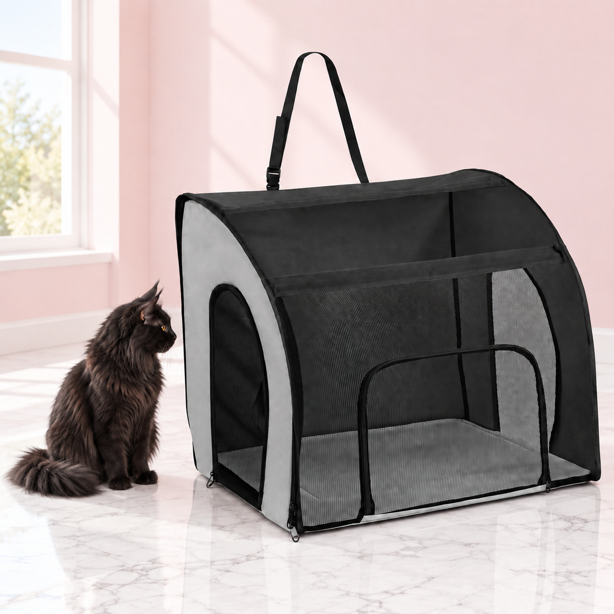 Large Soft-Sided Cat Travel Carrier – The Journey Lounge with a black Maine Coon in a light pink room