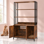 Cat Litter Box Cabinet & Shelving – The Library, Rustic Brown / Black shown with a ginger Maine Coon in an empty light pink room.