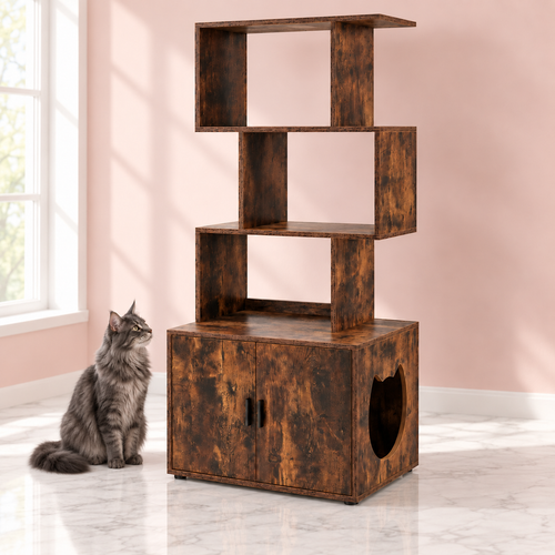 Cat Litter Box Enclosure 142 cm | Shelving – The Library Litter Cabinet, Rustic Brown shown with a smoky-grey Maine Coon in an empty light pink room.