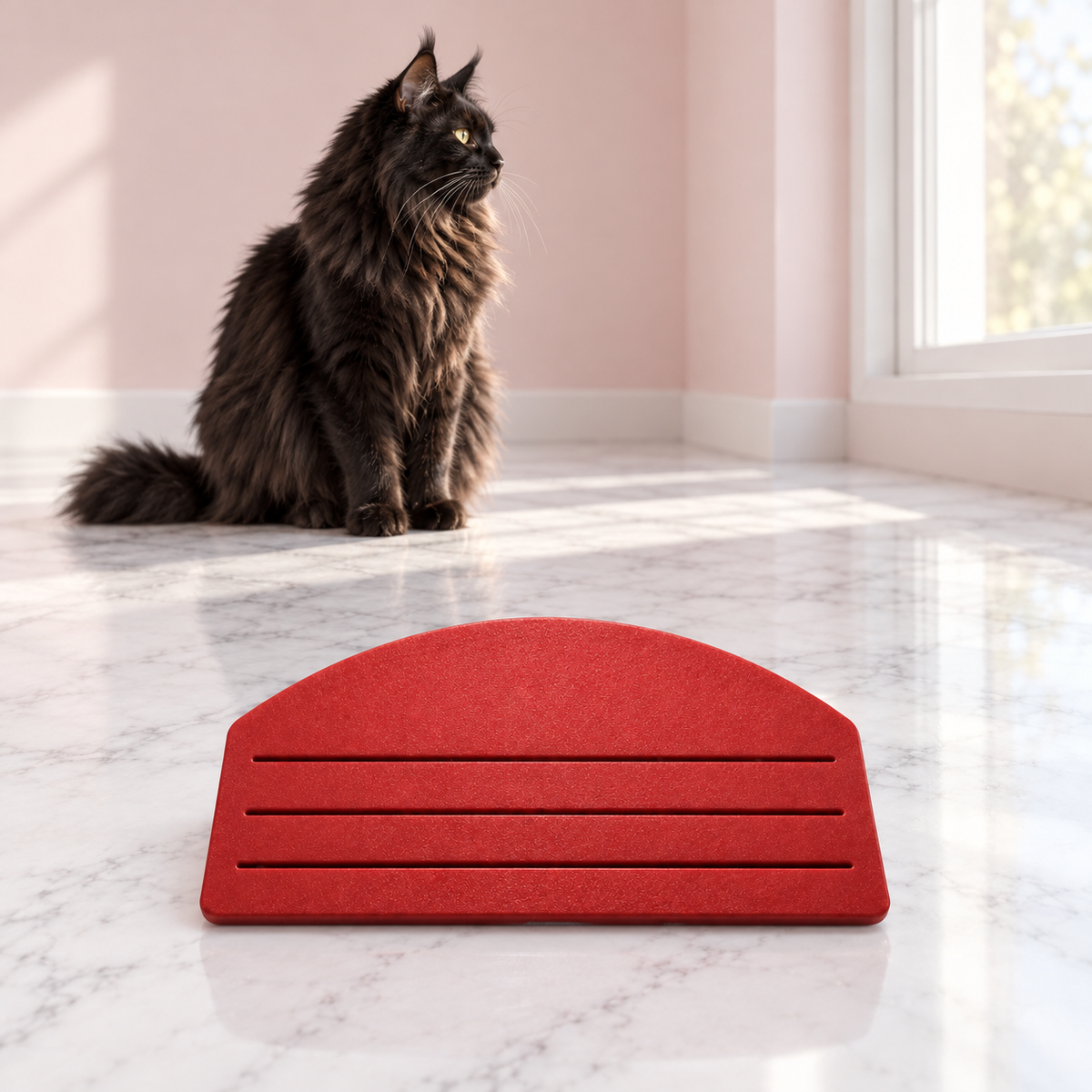 Cat Food Pouch Tool – The Mess-Free Food Squeezer, Default Title size shown, with a black Maine Coon in an empty light pink room.