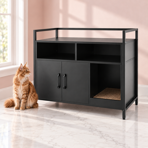 Cat Litter Box Cabinet 75 cm | Scratching Bay – The Midnight Litter Console, Black shown with a ginger Maine Coon in an empty light pink room.