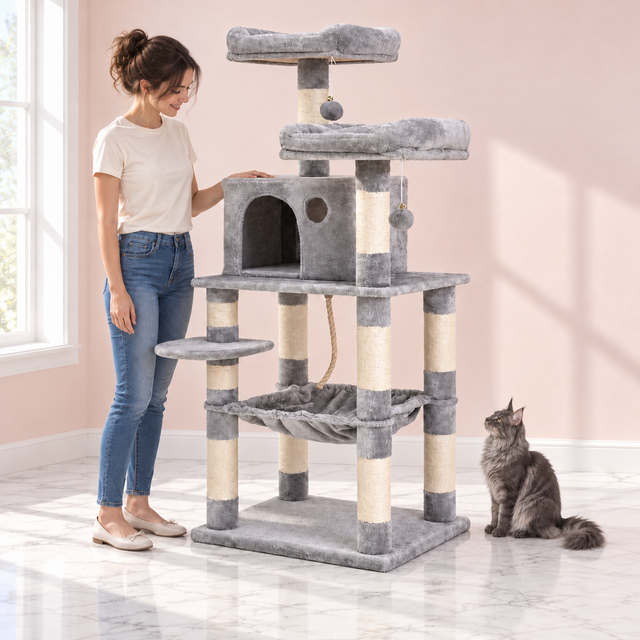 Cat Tree 143 cm – The Misty Perch Light Grey with a smoky grey Maine Coon in a light pink room