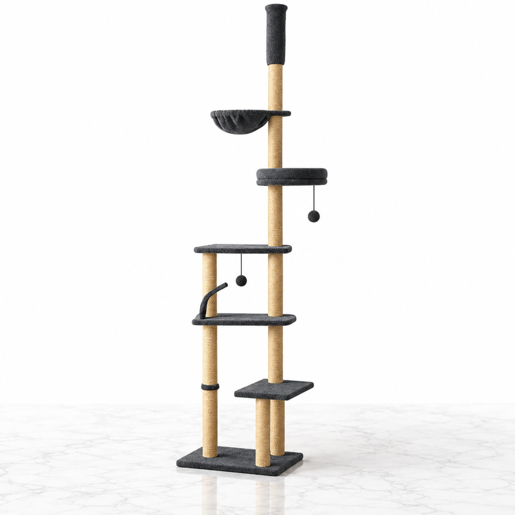 Charcoal adjustable cat tower on white marble