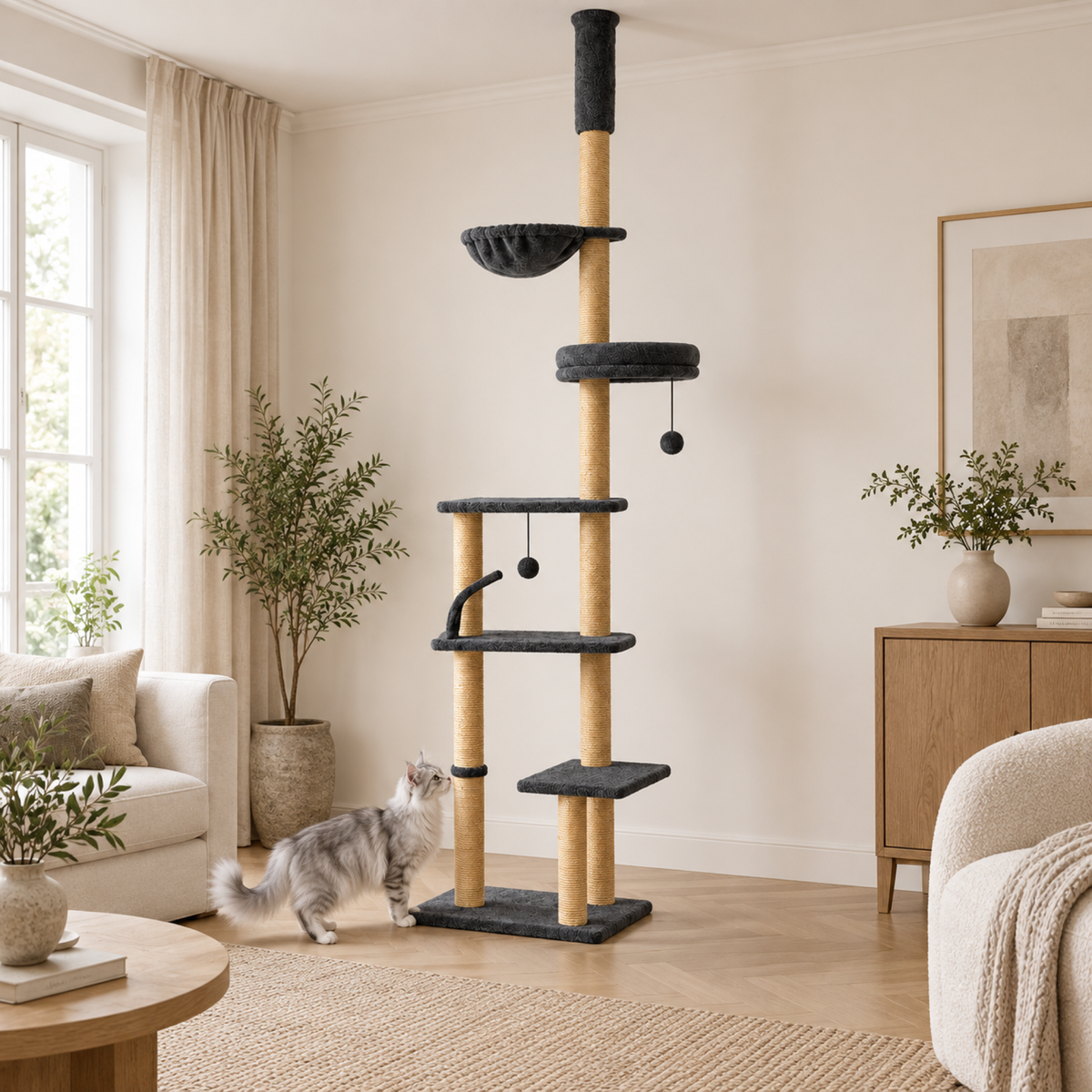 Young silver and white Maine Coon exploring the base of a tall charcoal cat tower