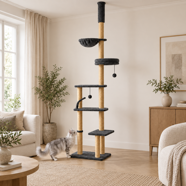 Young silver and white Maine Coon exploring the base of a tall charcoal cat tower
