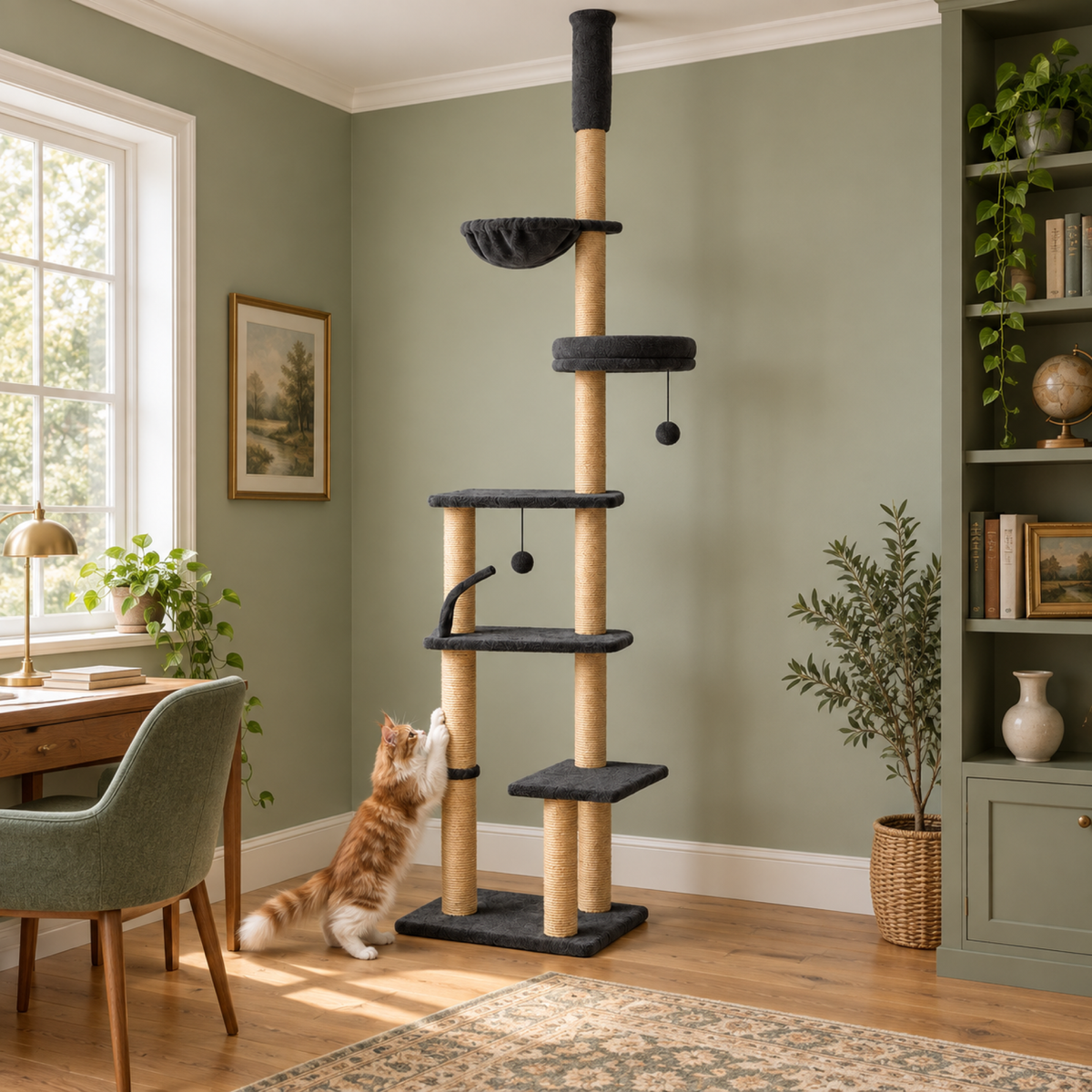 Orange and white Maine Coon scratching the lower post in a sage study