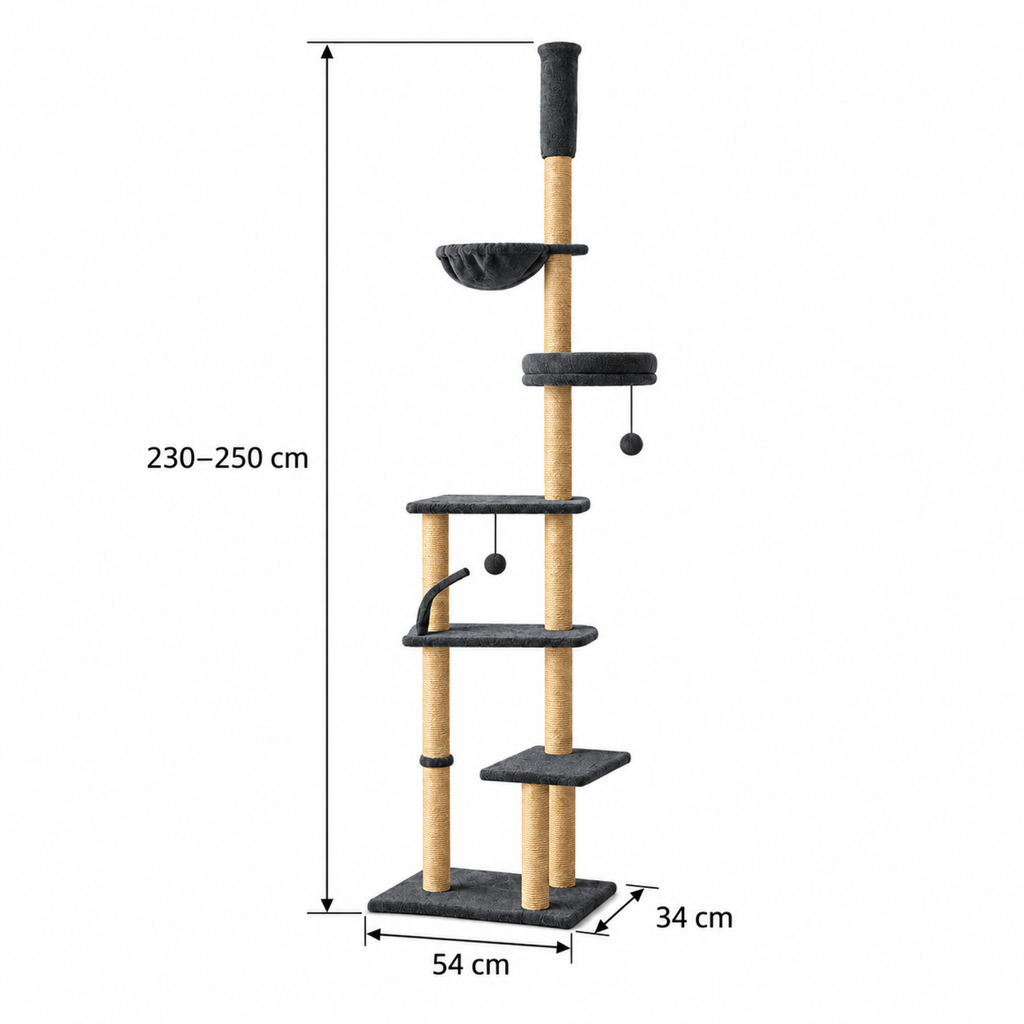 Cat tower reference dimensions: 230–250 cm high with 54 × 34 cm base