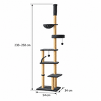 Cat tower reference dimensions: 230–250 cm high with 54 × 34 cm base