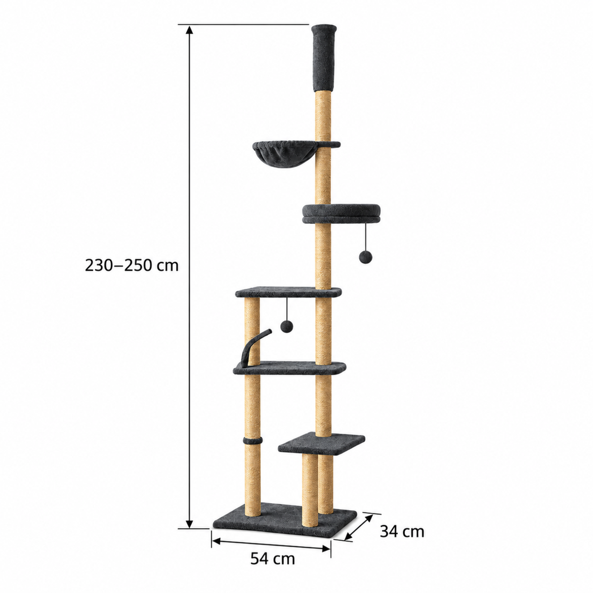 Cat tower reference dimensions: 230–250 cm high with 54 × 34 cm base