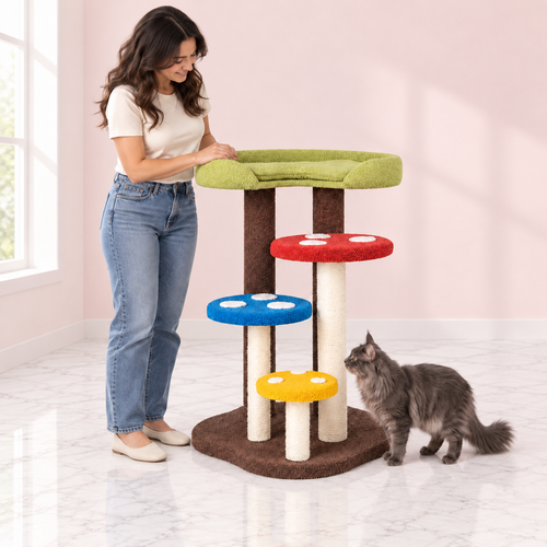 Cat Scratching Posts 94 cm | Three-Post Set – The Mushroom Steps, Default Title shown with a smoky grey Maine Coon and a woman interacting with the tower in an empty light pink room.