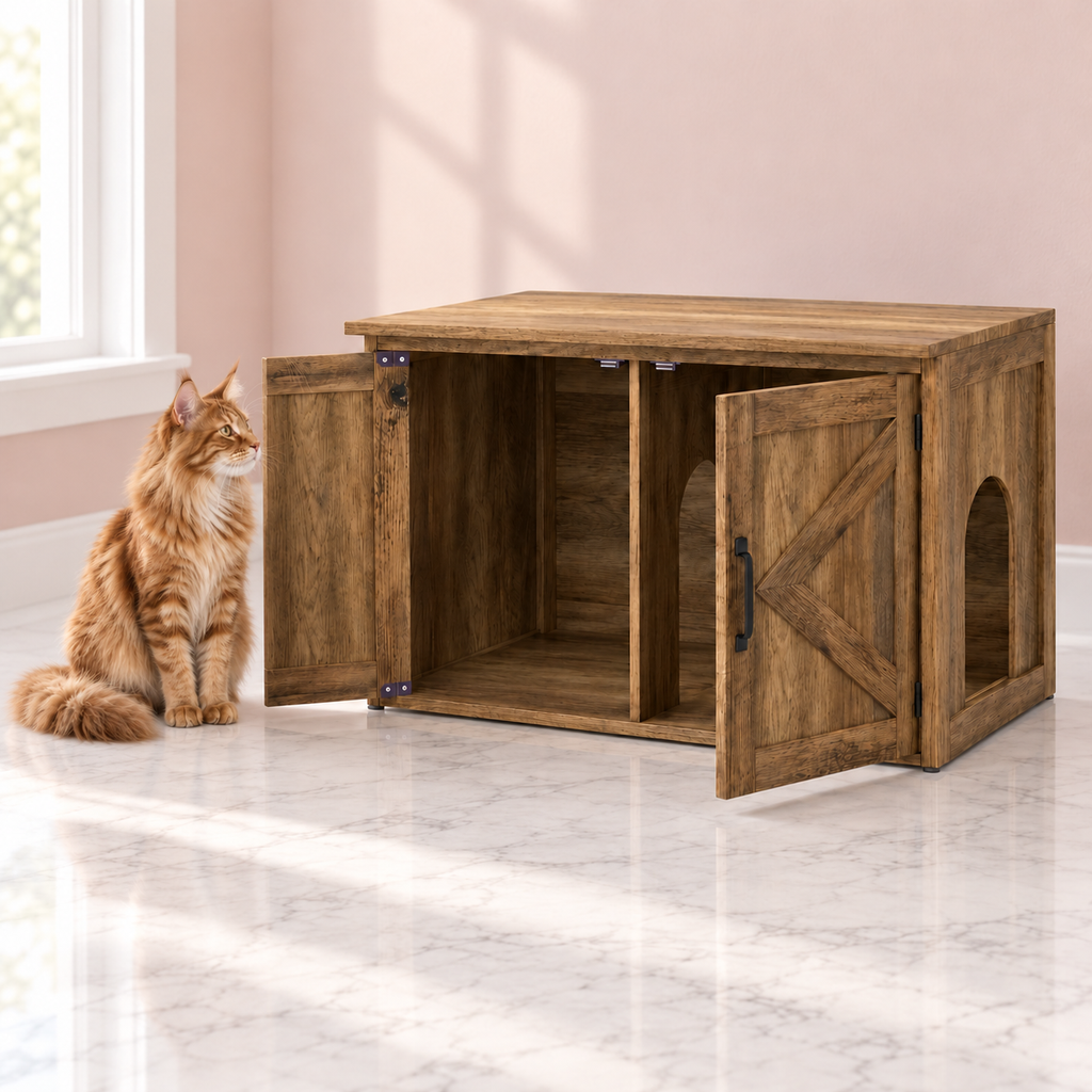 Cat Litter Box Cabinet with Countertop Storage – The Oak Alcove, shown with a ginger Maine Coon in an empty light pink room.
