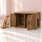 Cat Litter Box Cabinet with Countertop Storage – The Oak Alcove, shown with a ginger Maine Coon in an empty light pink room.