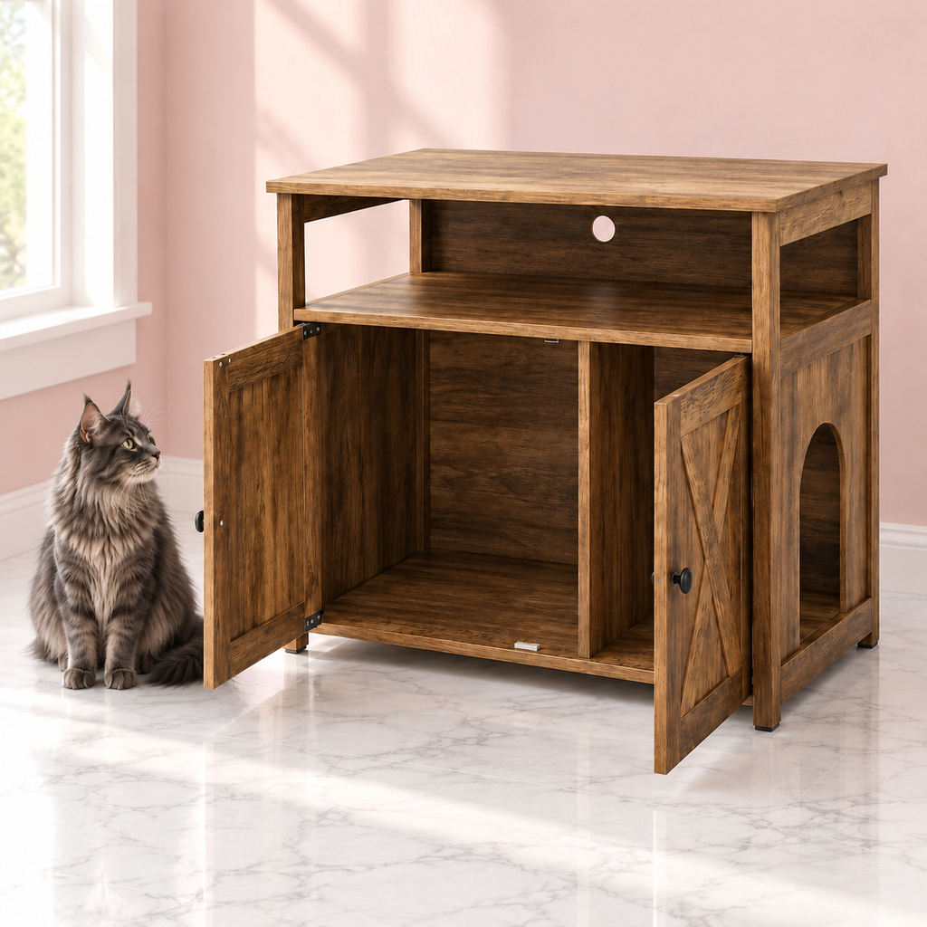 Cat Litter Box Cabinet with Open Shelf – The Oak Gallery, shown with a smoky-grey Maine Coon in an empty light pink room.