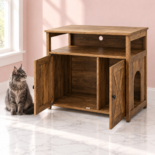 Cat Litter Box Cabinet with Open Shelf – The Oak Gallery, shown with a smoky-grey Maine Coon in an empty light pink room.