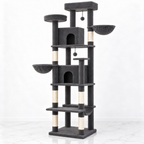 Charcoal Ultimate PawHouse tower with two condos, side baskets and hanging toys on subtle white marble