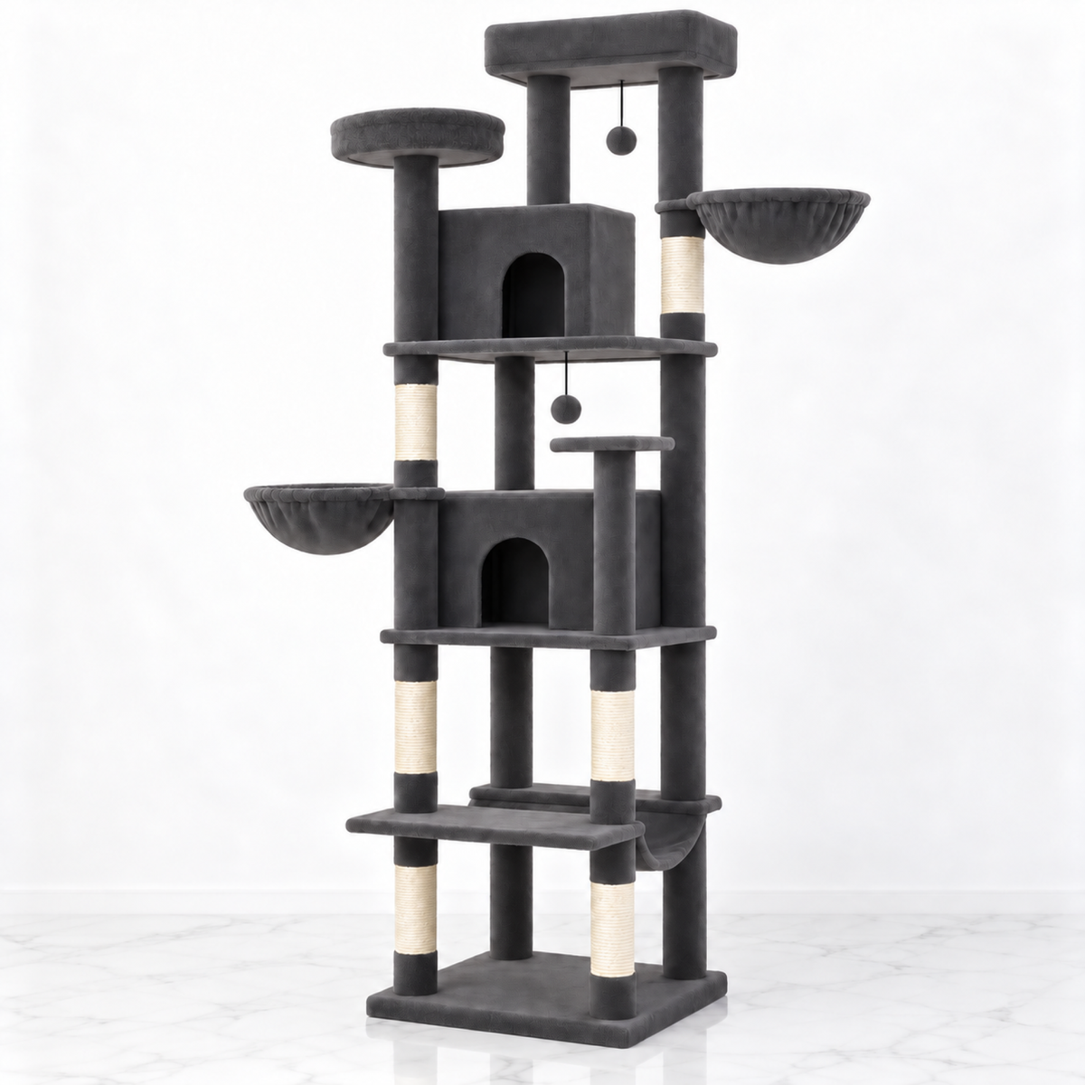 Charcoal Ultimate PawHouse tower with two condos, side baskets and hanging toys on subtle white marble