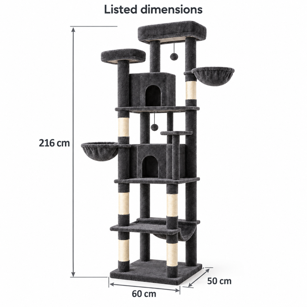 Ultimate PawHouse listed dimensions: 216 cm height and 60 by 50 cm base