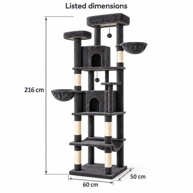 Ultimate PawHouse listed dimensions: 216 cm height and 60 by 50 cm base