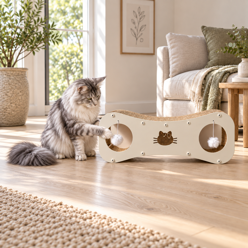 Silver-and-white Maine Coon reaching toward Paw-villian's left pom-pom