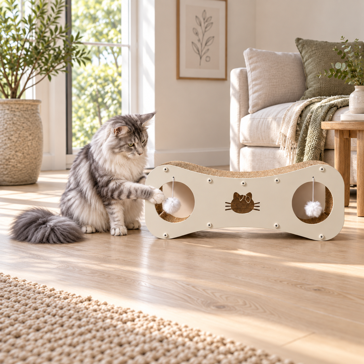 Silver-and-white Maine Coon reaching toward Paw-villian's left pom-pom