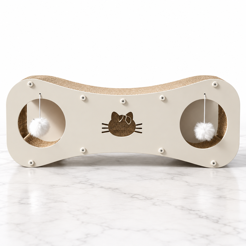 Cream Paw-villian figure-8 cat scratcher with two hanging pom-poms on white marble flooring