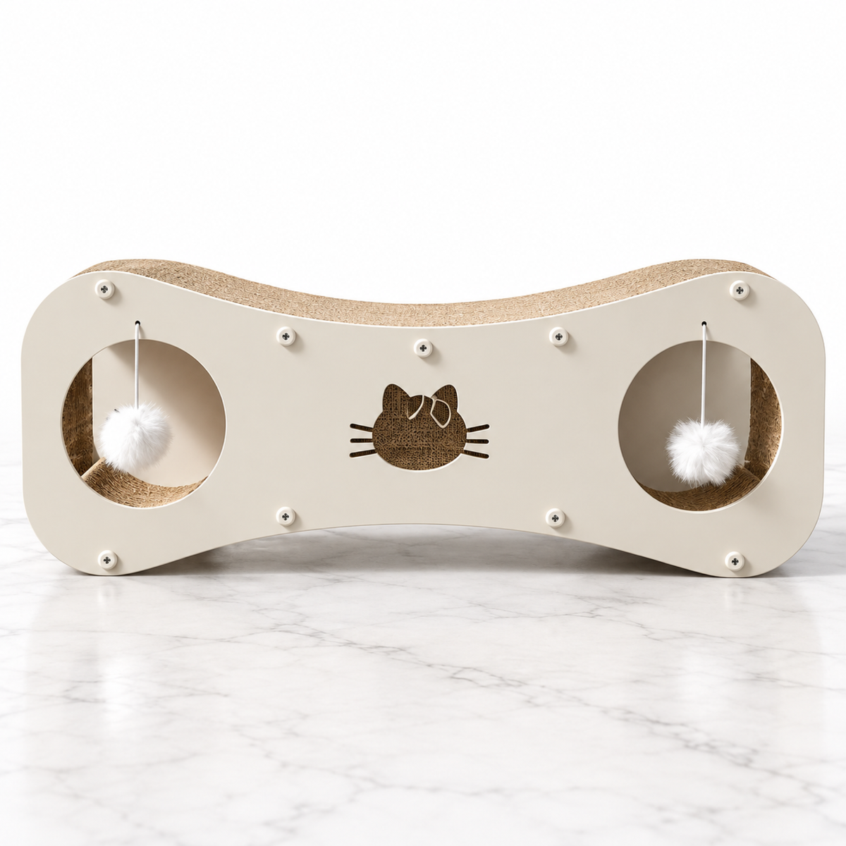 Cream Paw-villian figure-8 cat scratcher with two hanging pom-poms on white marble flooring