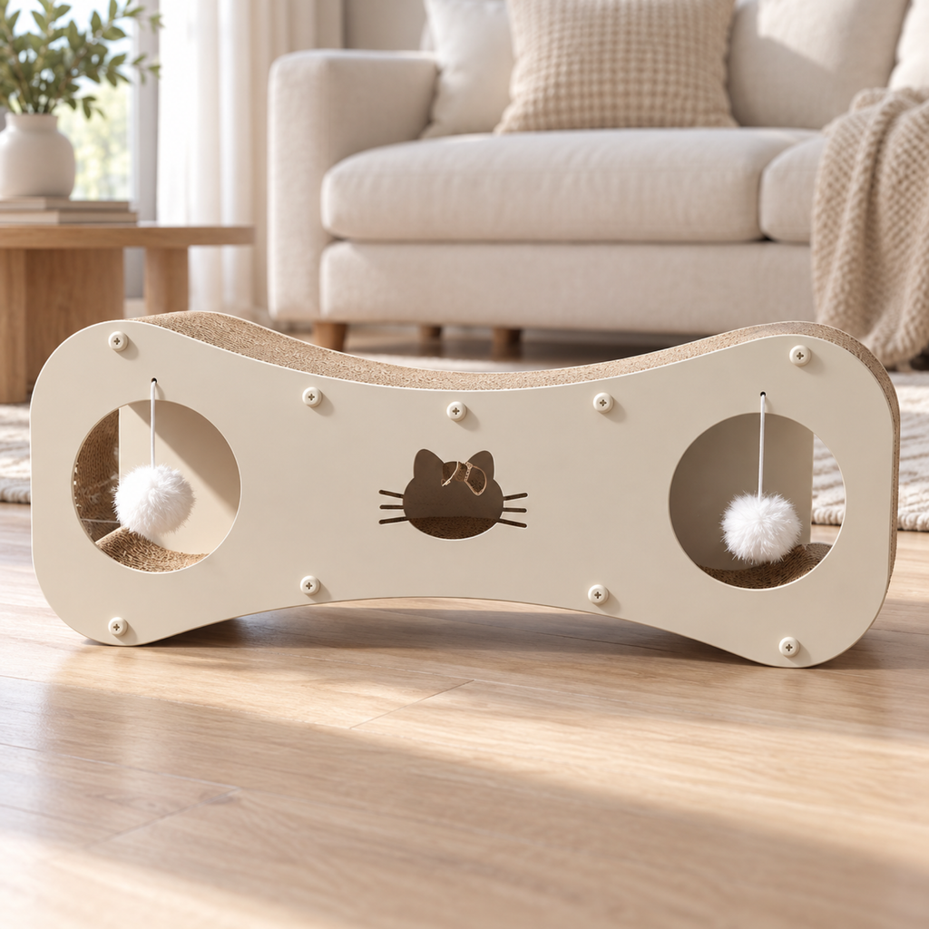 Paw-villian cat scratcher in an elegant living room without a cat