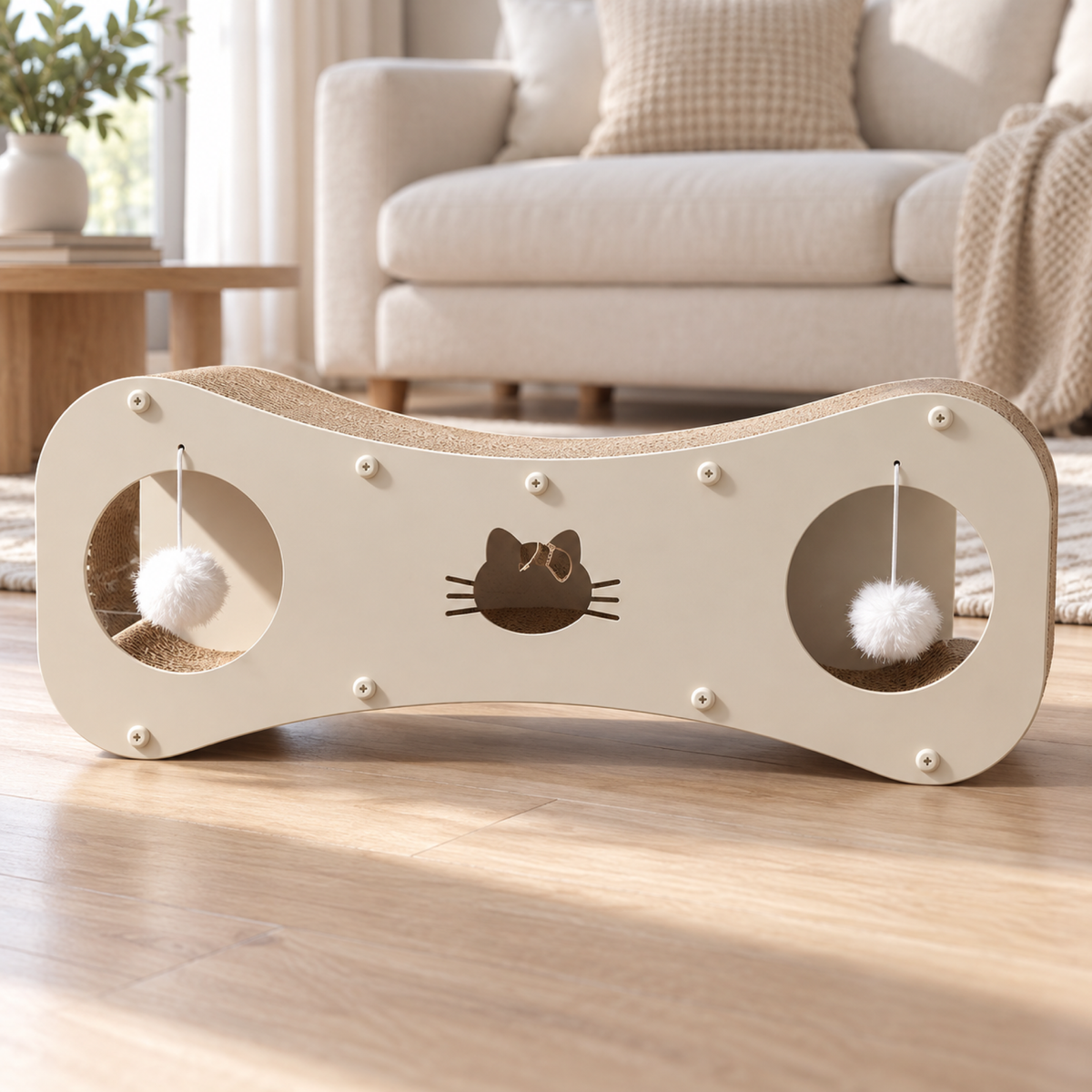 Paw-villian cat scratcher in an elegant living room without a cat