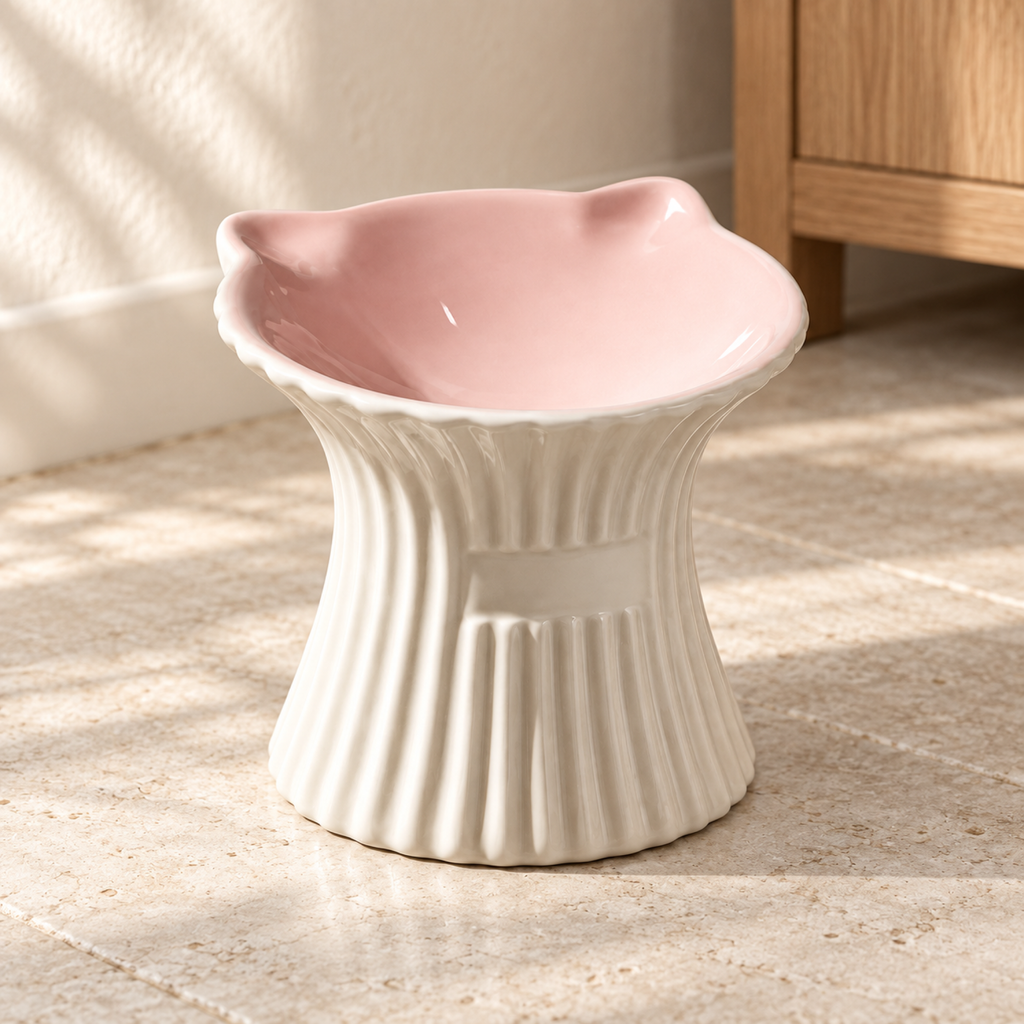 Purr-celain pedestal cat bowl in an elegant feeding corner