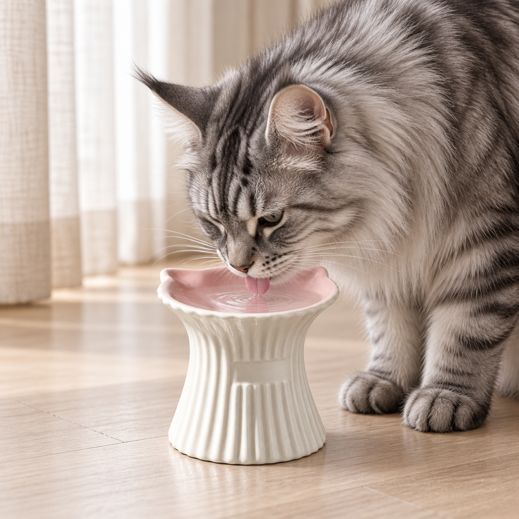 Illustrative silver Maine Coon drinking from the Purr-celain bowl