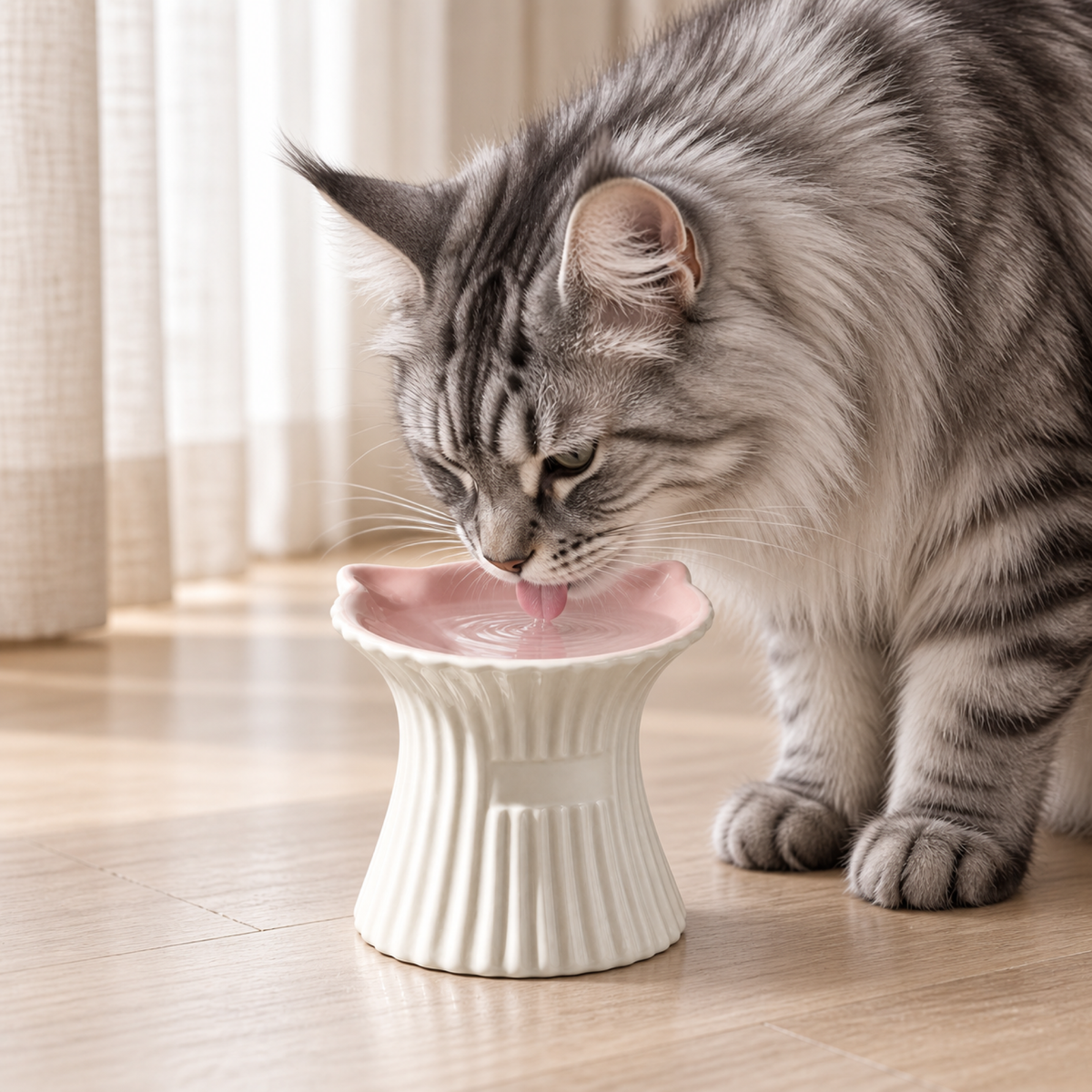 Illustrative silver Maine Coon drinking from the Purr-celain bowl
