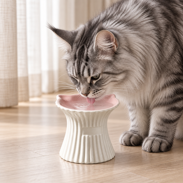 Illustrative silver Maine Coon drinking from the Purr-celain bowl