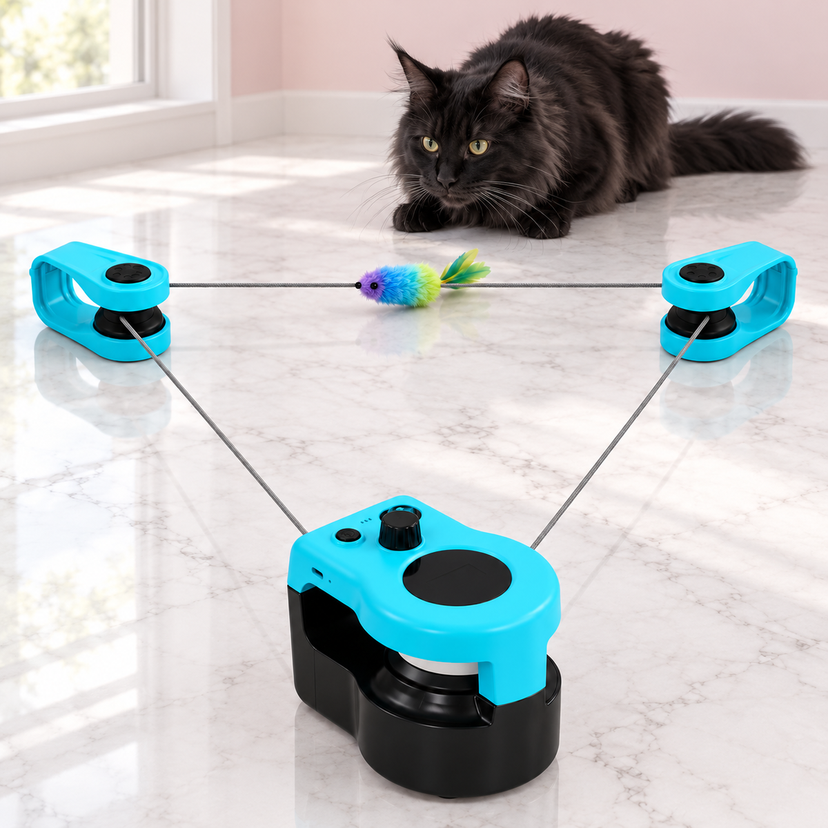 Remote-Controlled Configurable Mouse-Chase Cat Toy with a black Maine Coon in a light pink room