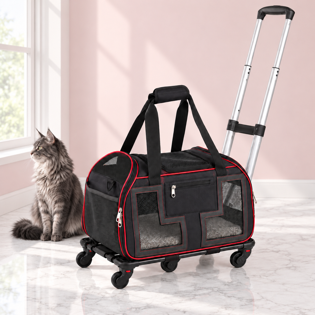 Rolling Pet Carrier with Wheels – 20kg Load Limit, shown with a smoky grey Maine Coon in an empty light pink room.