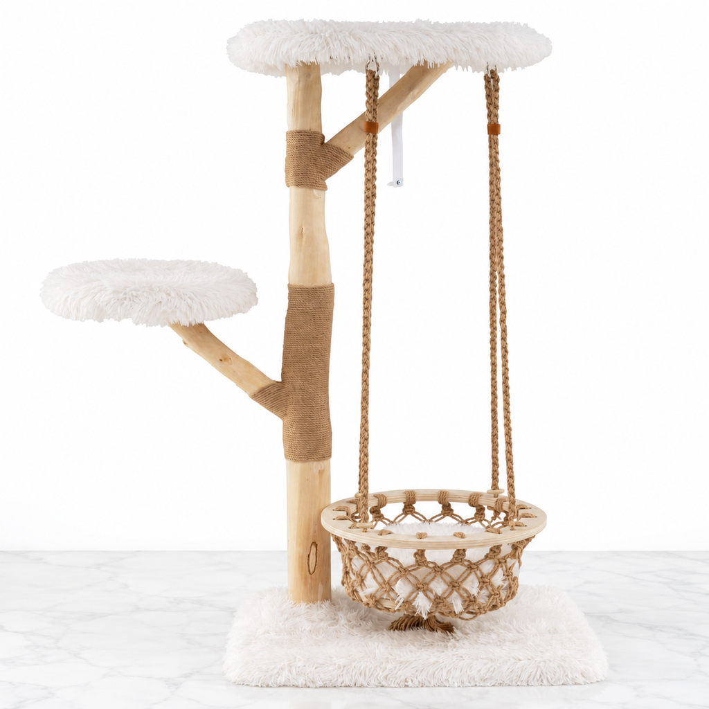 Natural pear-wood cat tower with white plush perches and a hanging rope cradle on light marble