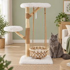 Solid-grey Maine Coon beside the 123 cm pear-wood tower in a sage living room