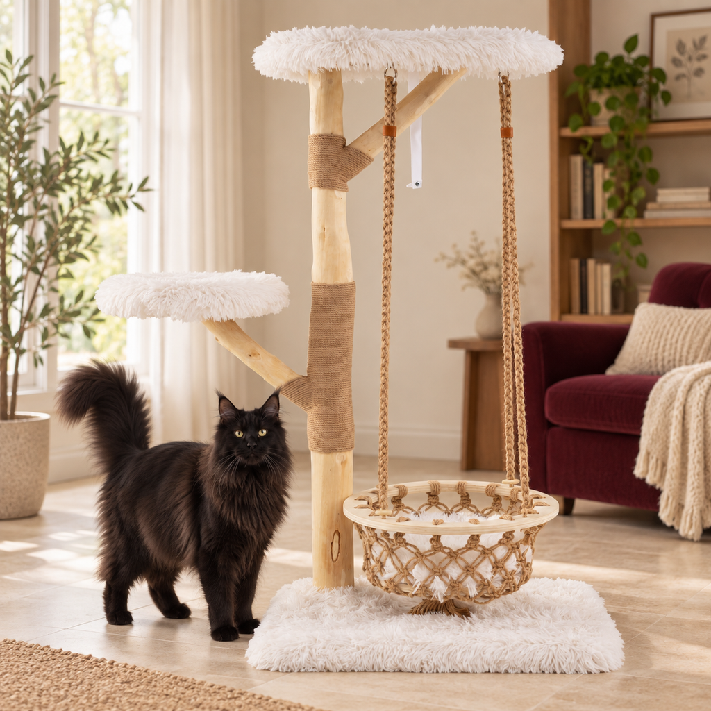 Solid-black Maine Coon beside the pear-wood tower in a cream reading room